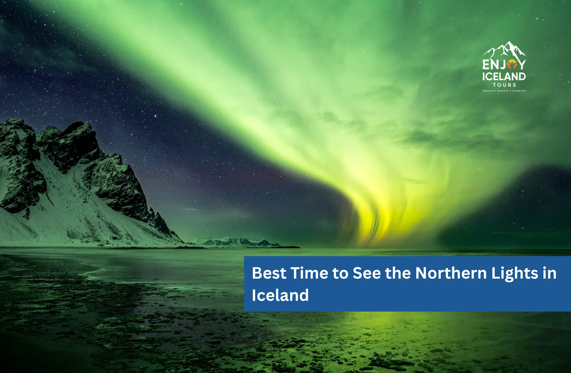 Northern lights glowing green over snow-capped mountains and a fjord in Iceland