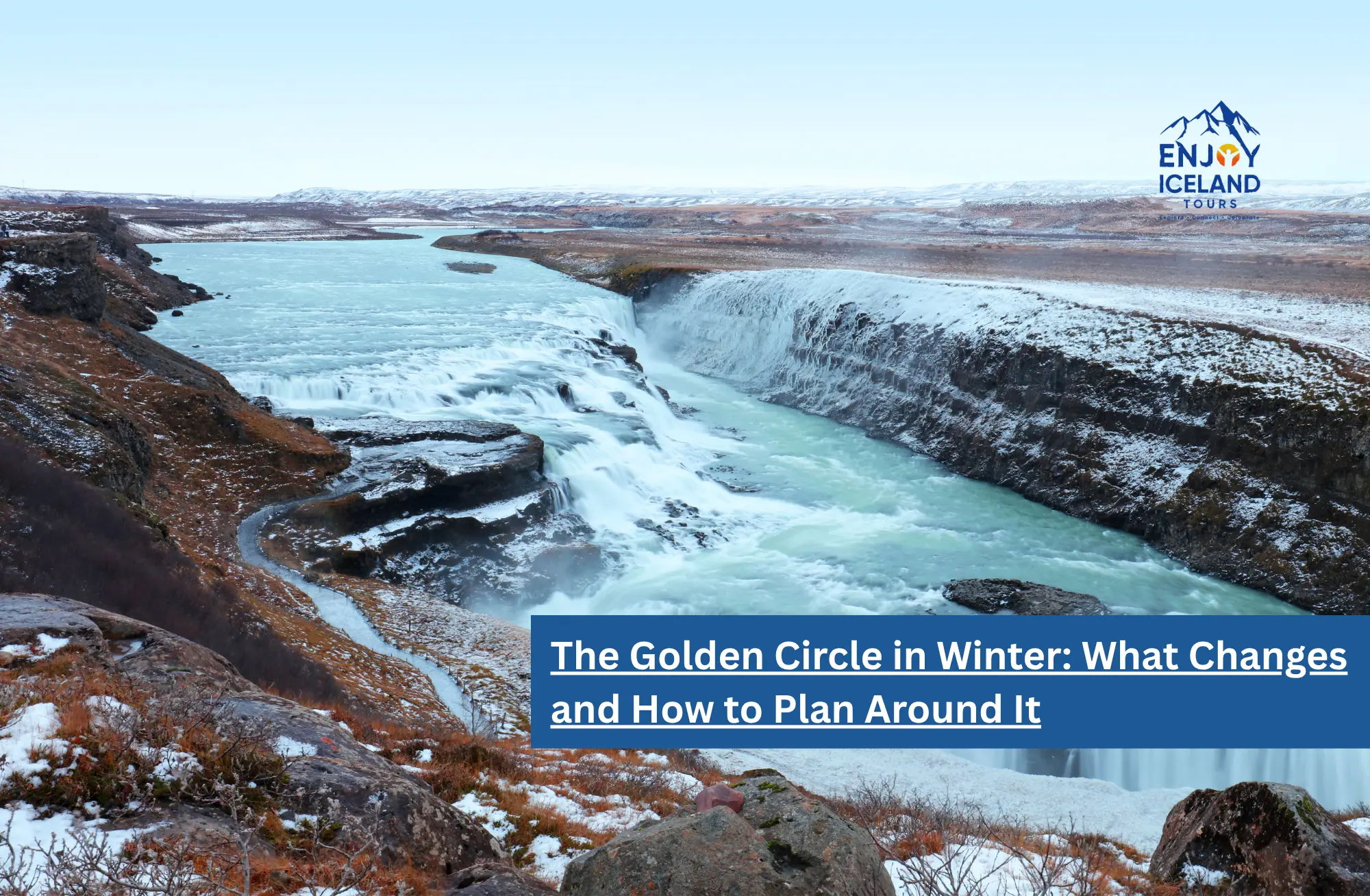 Gullfoss waterfall in winter with snow and ice along the canyon in Iceland