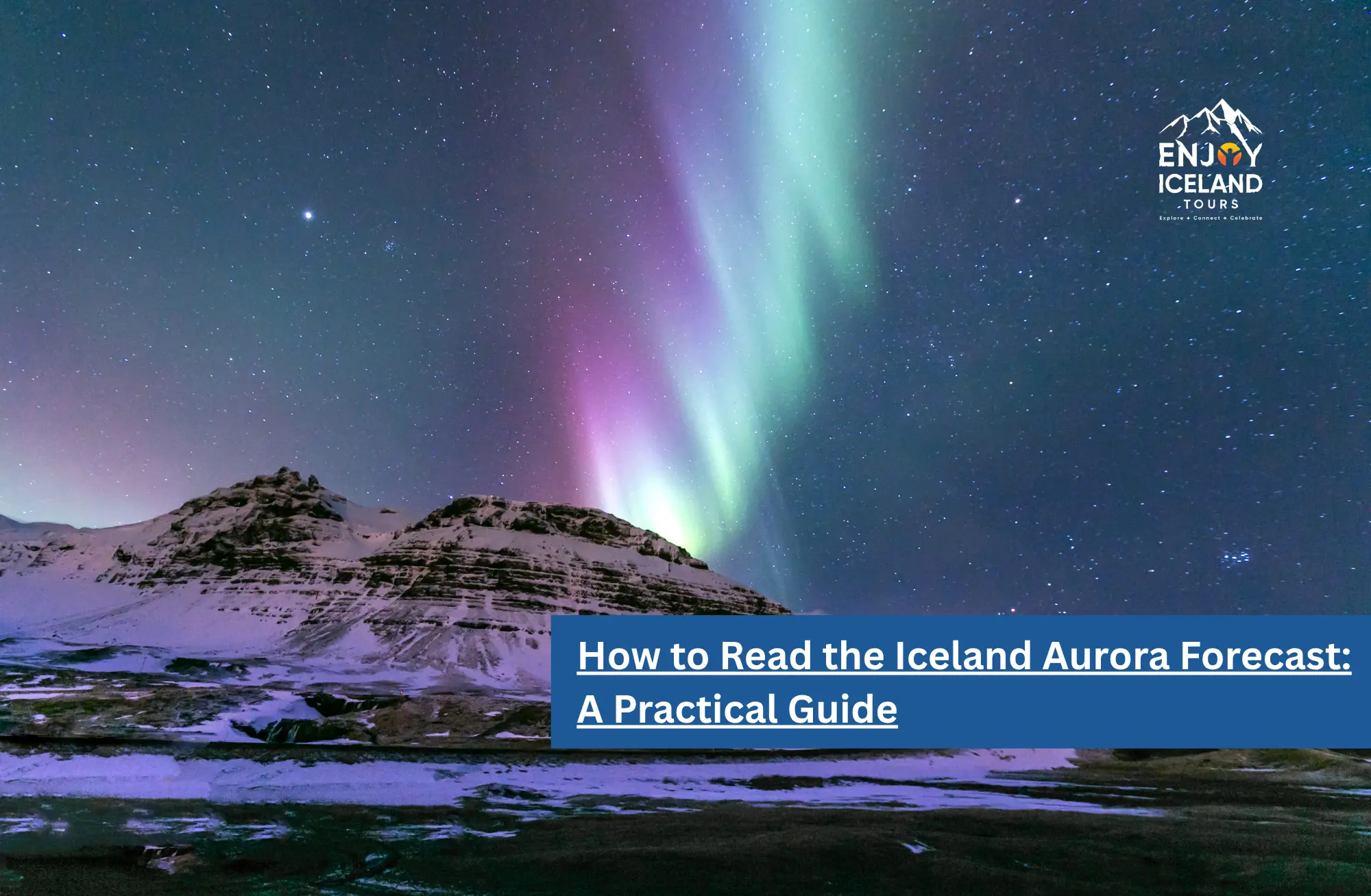Green and purple northern lights over a snow-covered mountain in Iceland under a starry sky