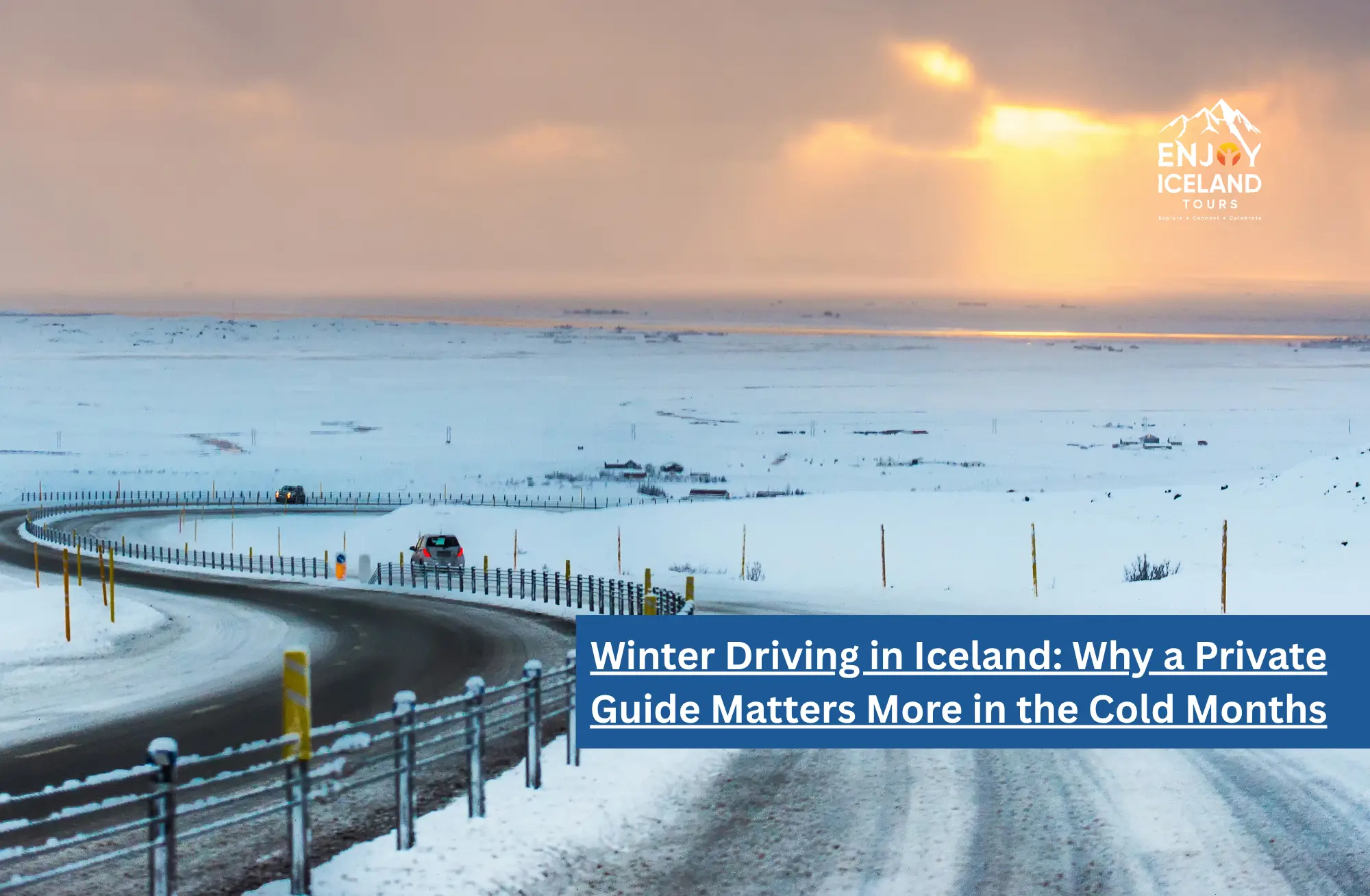 Winter road in Iceland curving through snow-covered land under a golden sunset sky