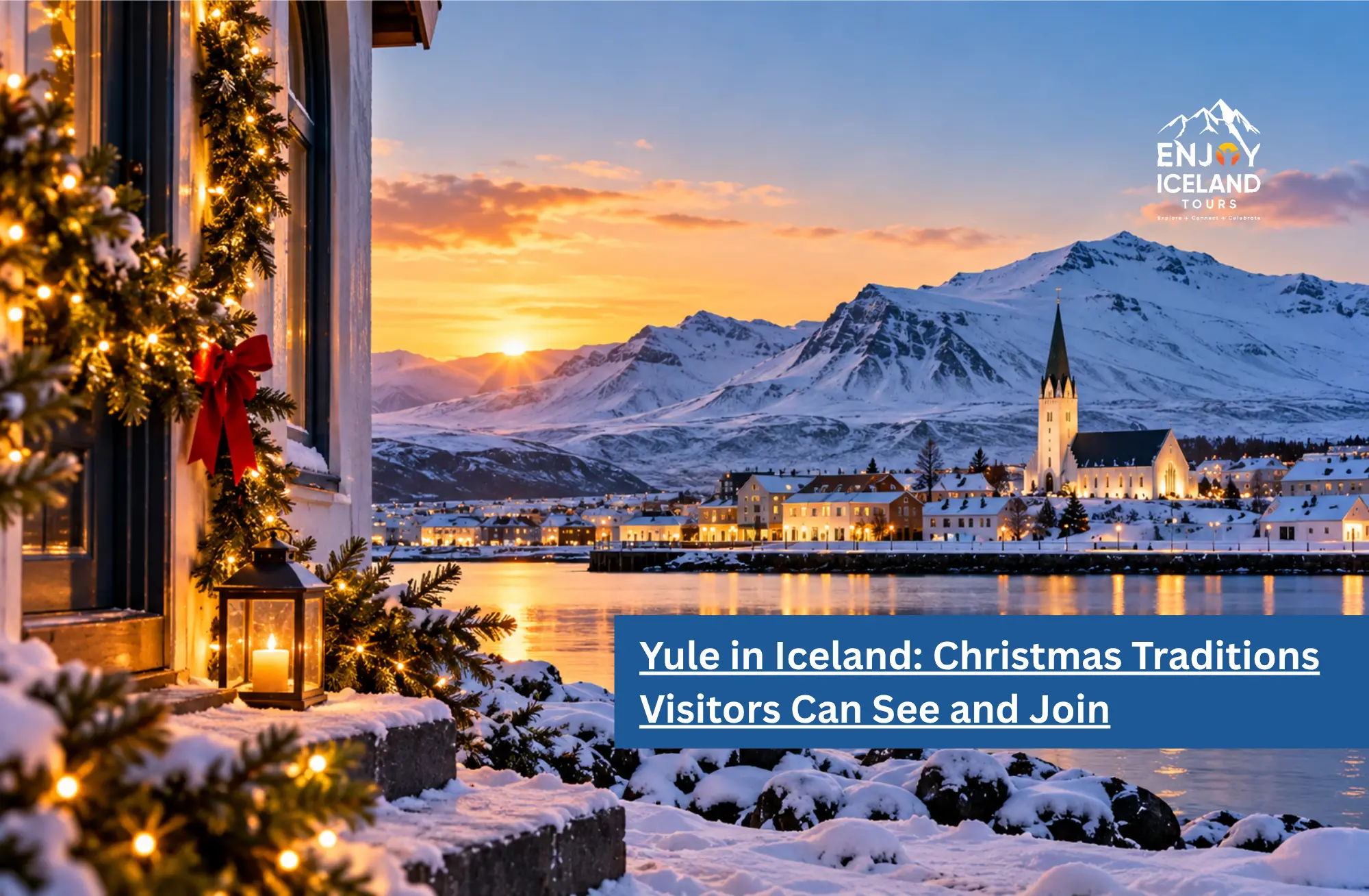 Reykjavik church and snow-covered mountains at sunset across the water, with Christmas lights and a garland in the foreground